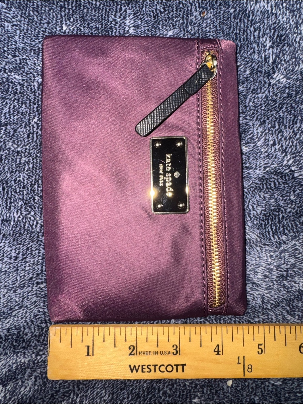 kate spade plum satin cosmetic pouch with gold hardware - Picture 2 of 5